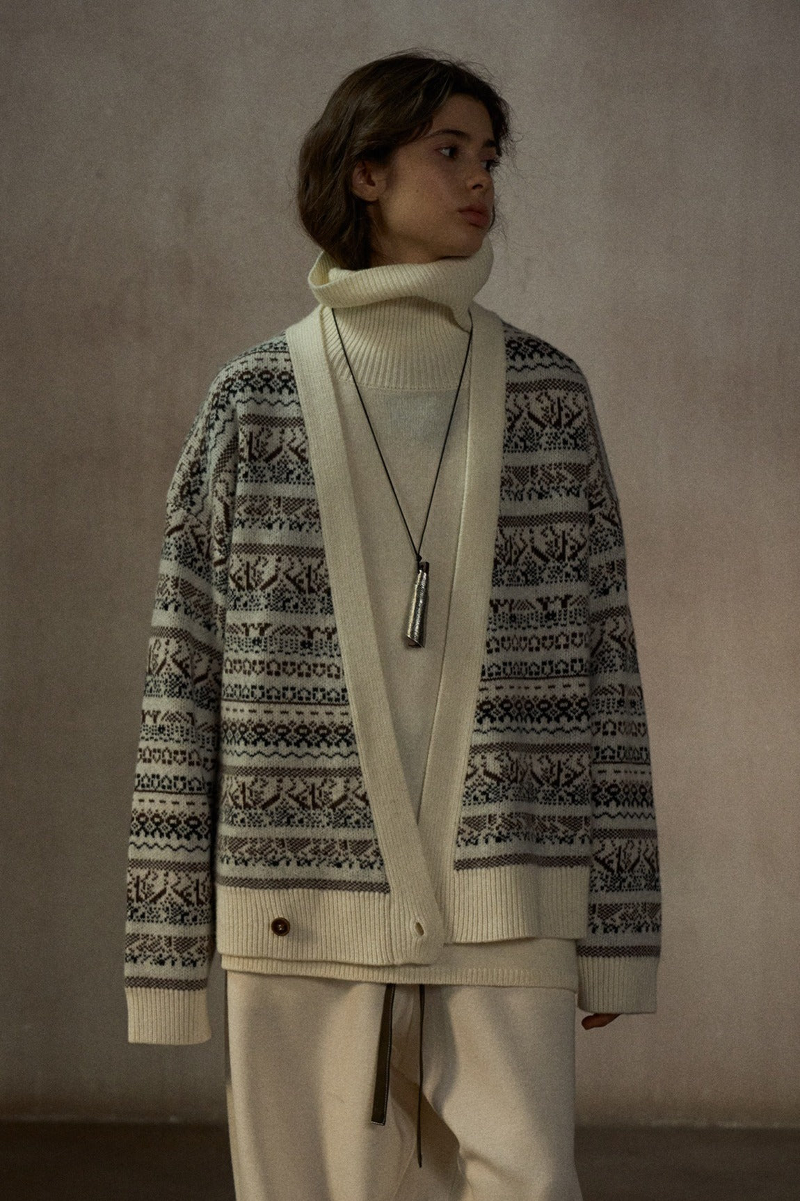Wool blend loose-fit jacquard cardigan | 2 color