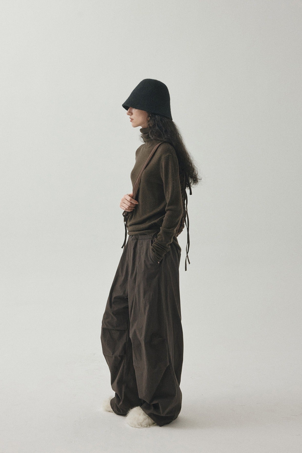 "Ohmi Bleach" cotton wide leg padding pants | 3 color