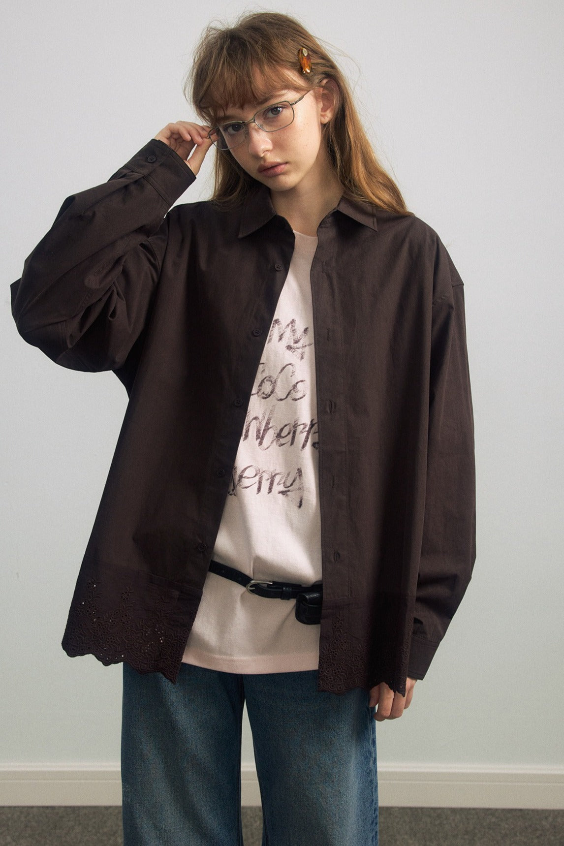 100% cotton mid-length lace trim hem shirt | 3 color