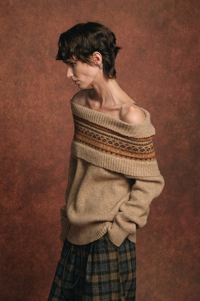 Fair Isle off-shoulder sweater | 2 color