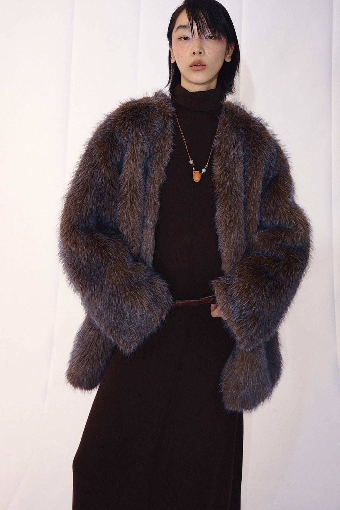 Faux fur mid-length soft drape coat | 2 color