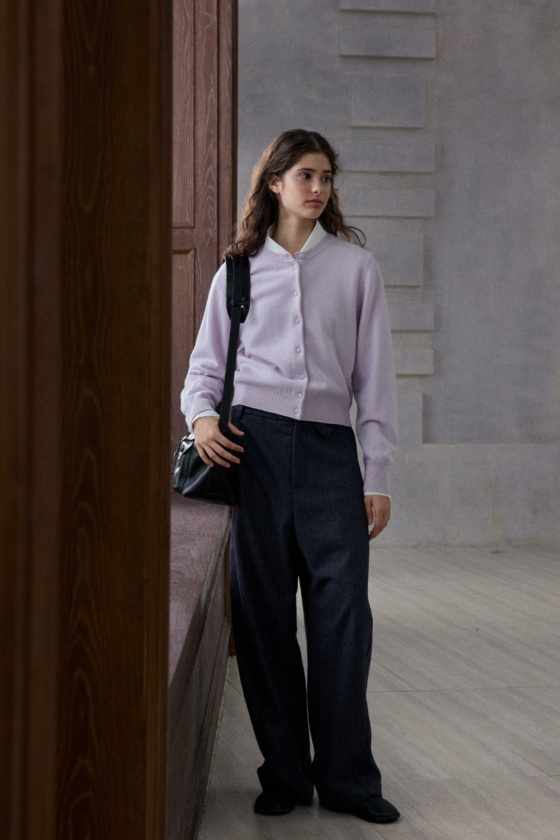 Wool blend herringbone texture loose fit casual pants | 2 color