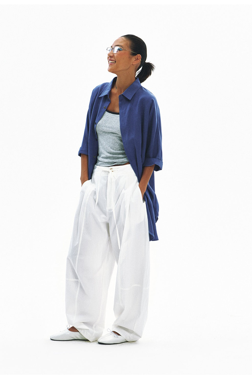 Textured cotton-blend relaxed pants | 3 color