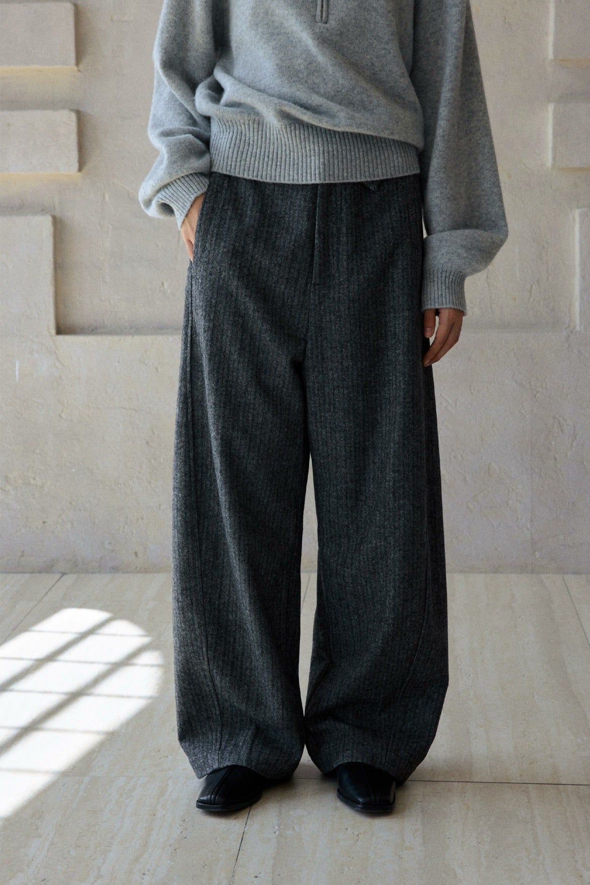 Wool blend herringbone texture loose fit casual pants | 2 color