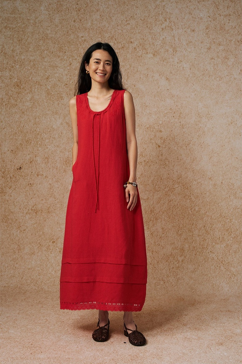 Robe sans manches en Tencel et lin avec ourlet en dentelle | 2 couleurs