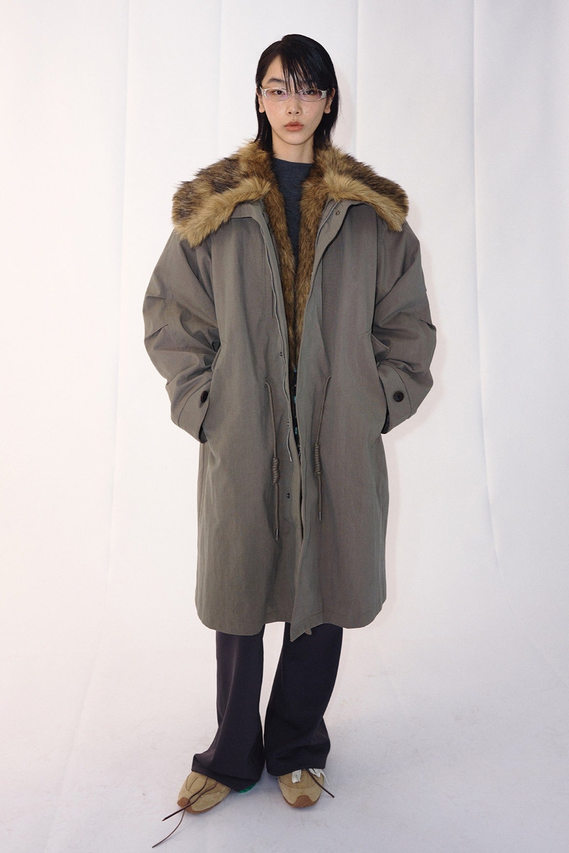 Cotton blend detachable faux fur collar padding parka coat | 2 color