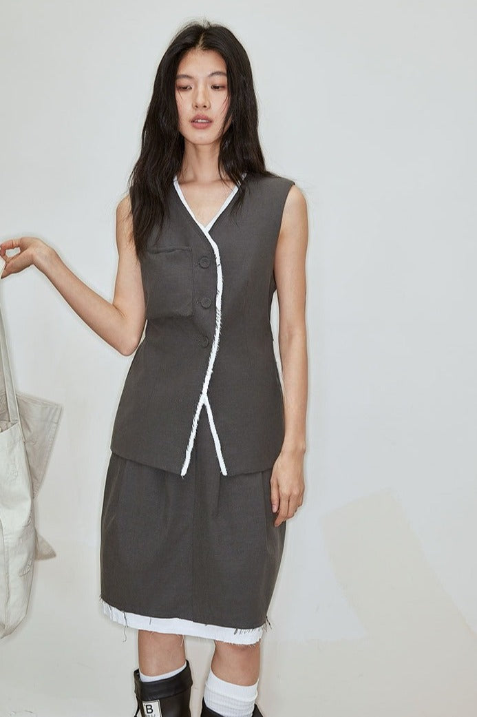 Lyocell-cotton raw-hem double-layer midi skirt | 2 color