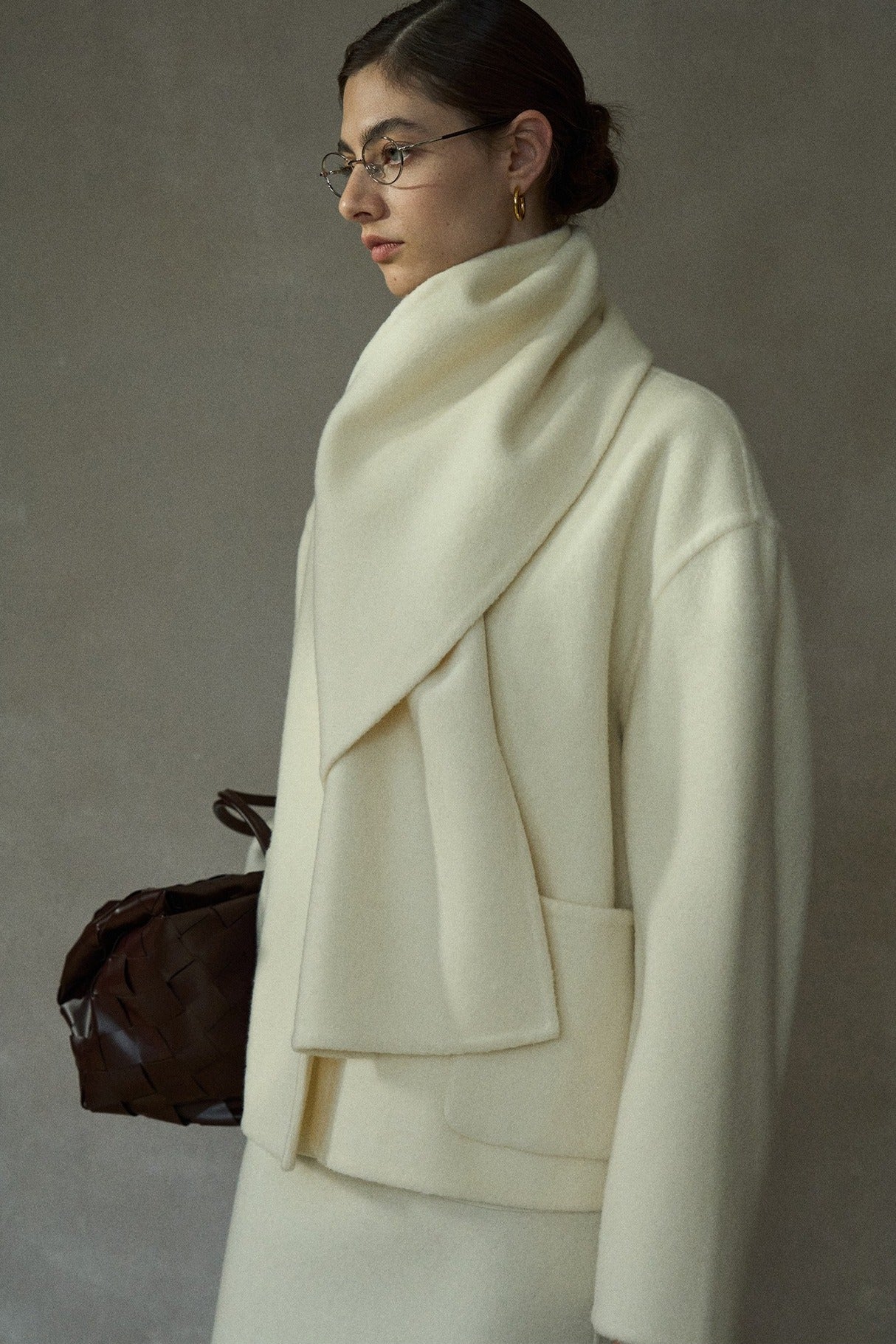 Wool-alpaca scarf-collar elegant jacket | 3 color