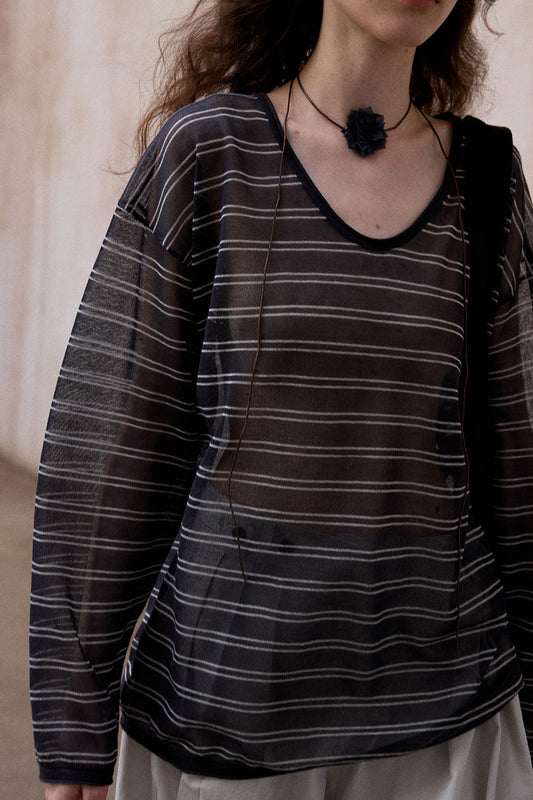 Sheer striped loose-fit knit top | | 5 color
