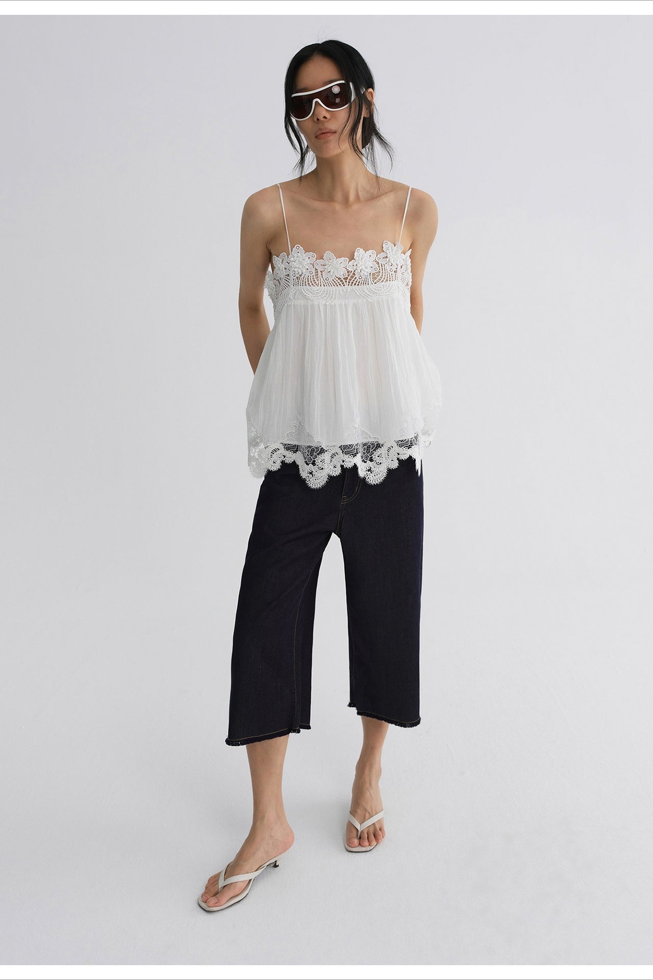 Tencel-nylon-linen  lace-panel camisole