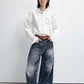 Cotton retro-style raw edge wide-leg jeans