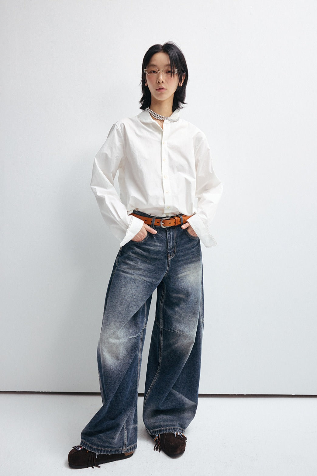 Cotton retro-style raw edge wide-leg jeans