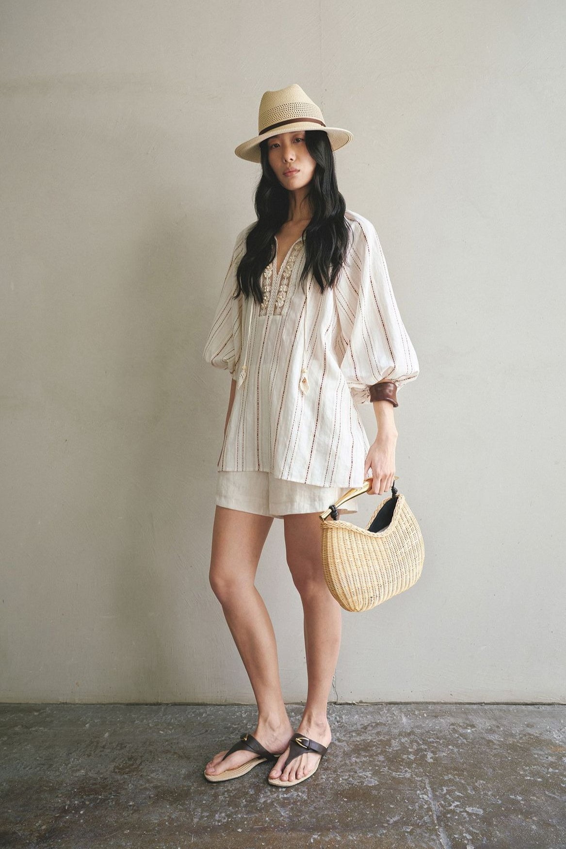 Linen blend embroidery placket breathable blouse | 2 color
