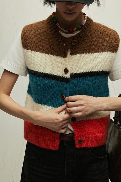 Wool blend fitted color-block striped vest | 3 color