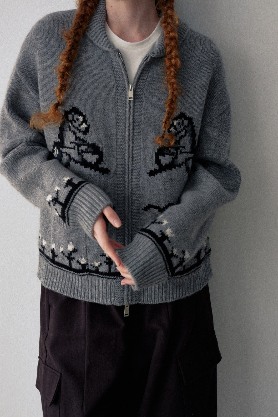 100% sheep wool horse jacquard zip-up cardigan | 4 color