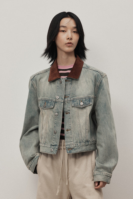 Corduroy collar denim patchwork jacket | 2 color