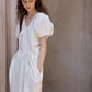 Cotton blend bubble-sleeved cocoon V-neck dress | 2 color