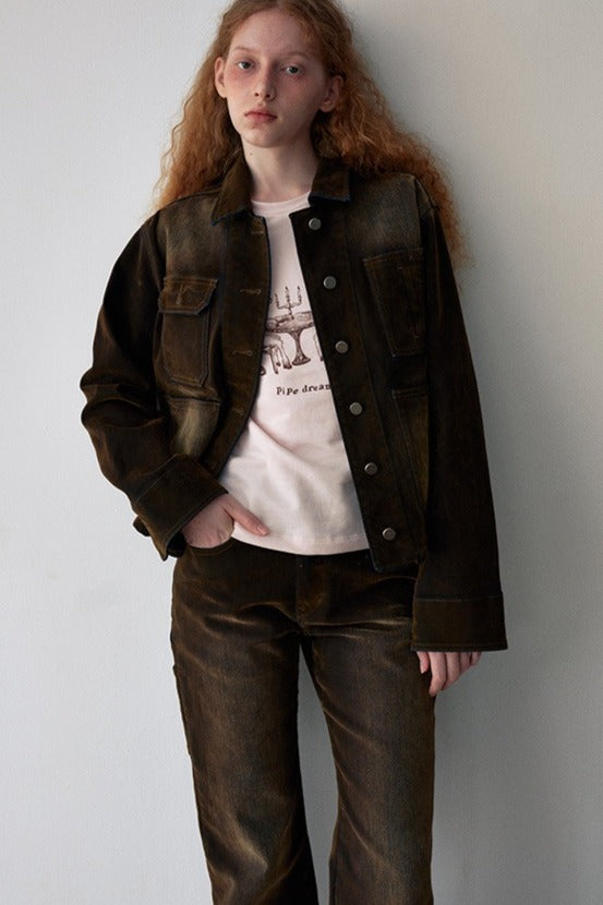 Vintage velvet-texture workwear denim jacket | 2 color