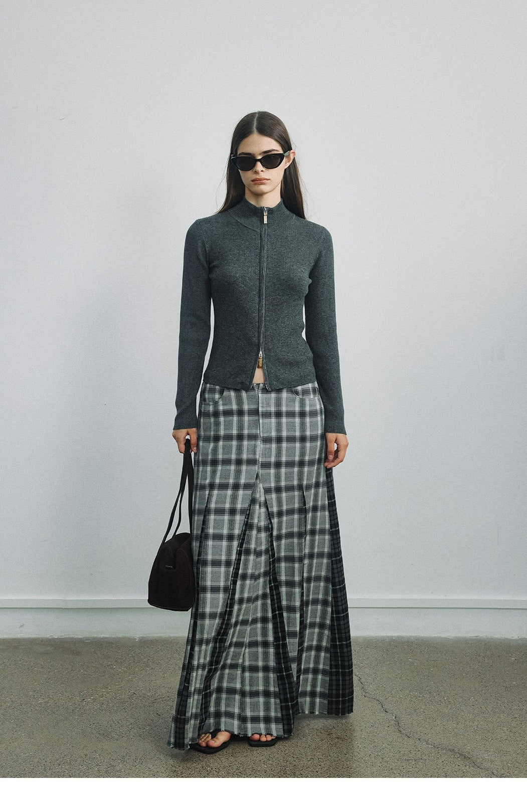 Check patchwork raw edge skirt | 2 color