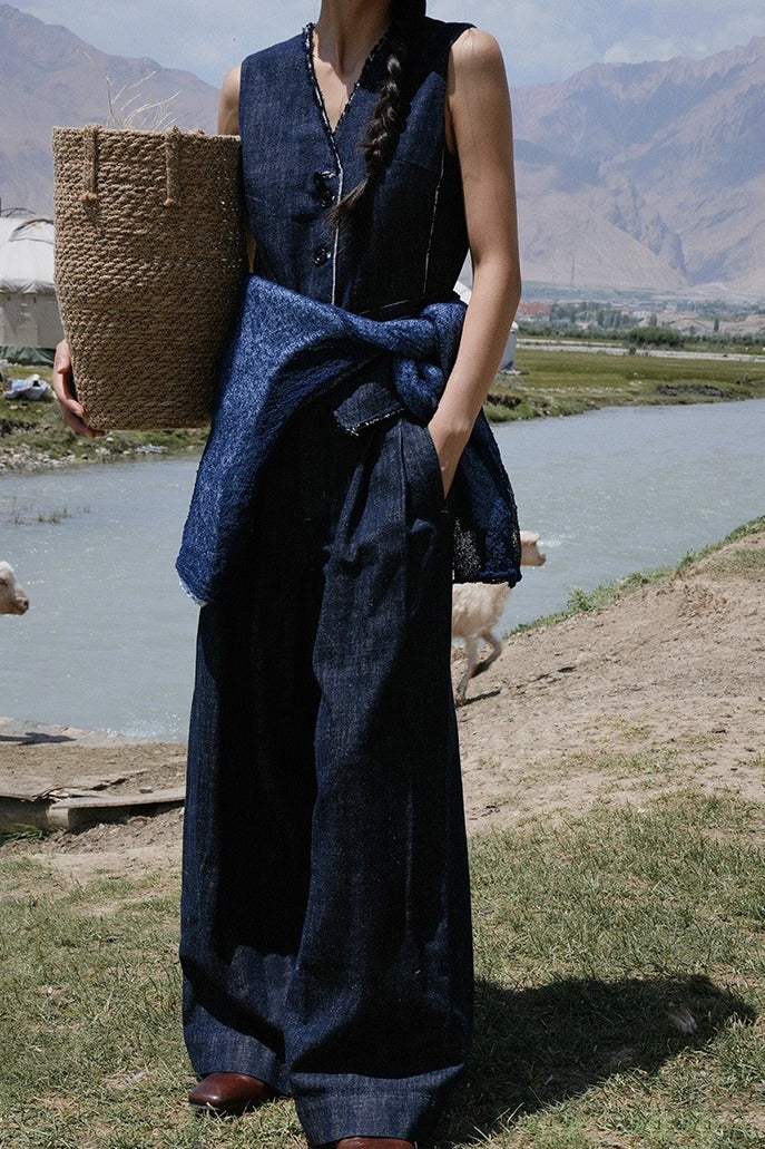 Cotton-linen wide-legs denim indigo