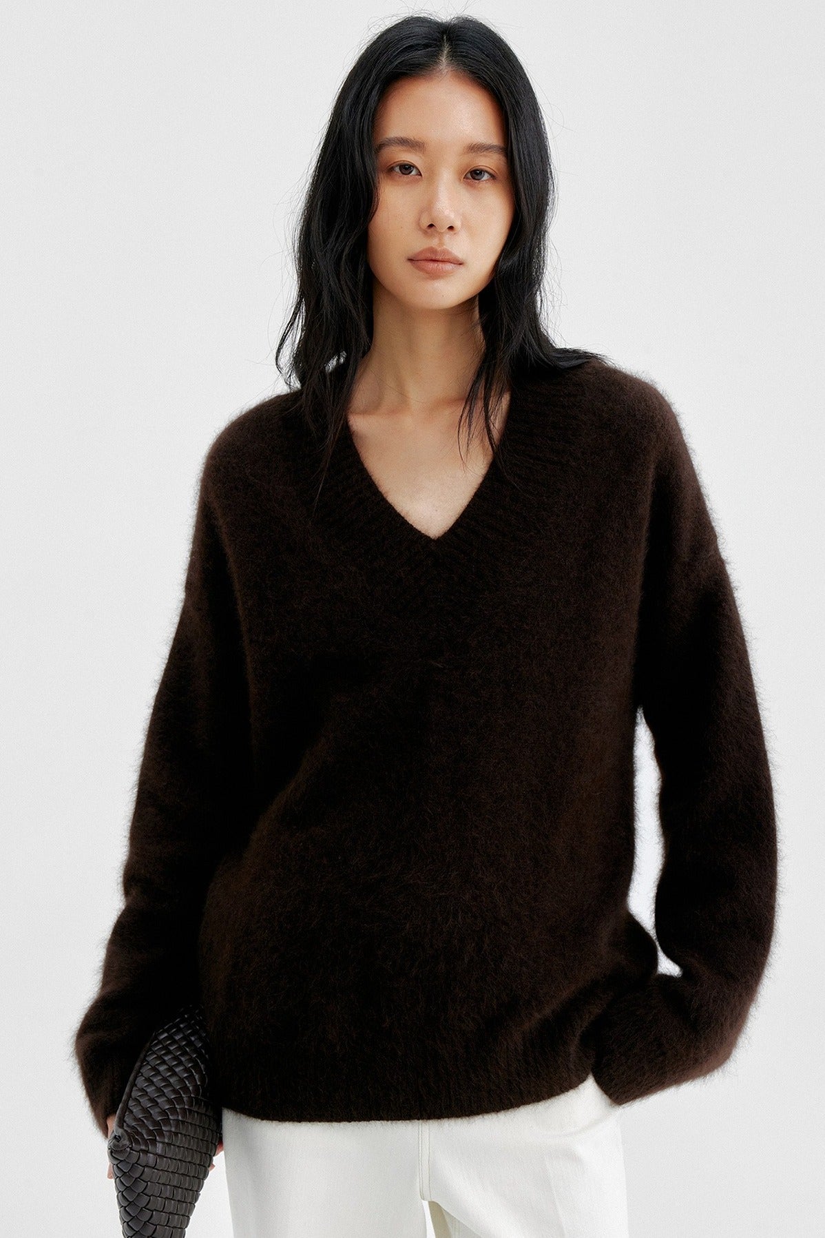 Wool blend soft long hair loose-fit V-neck sweater | 3 color