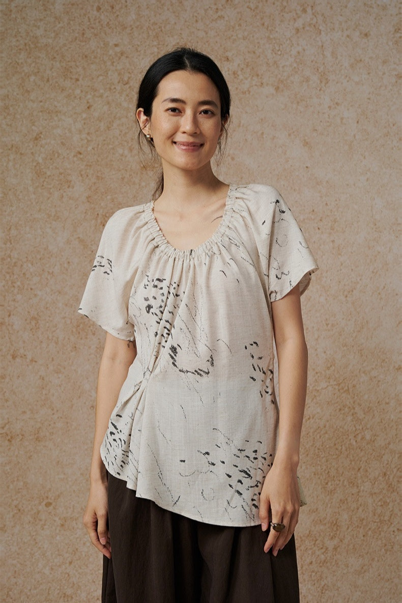 Blouse plissée en Tencel et lin imprimé