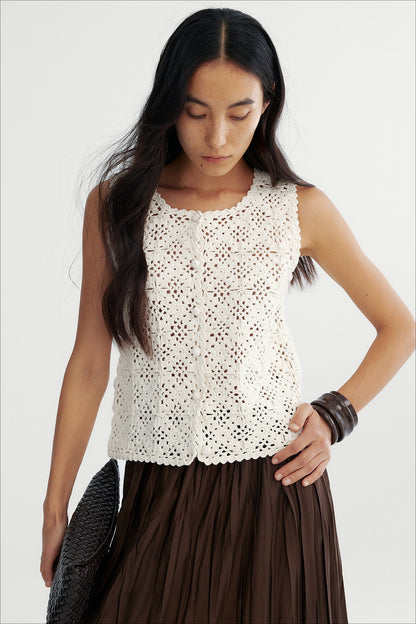 Cotton blend Hand-crocheted lace panels vest | 2 color