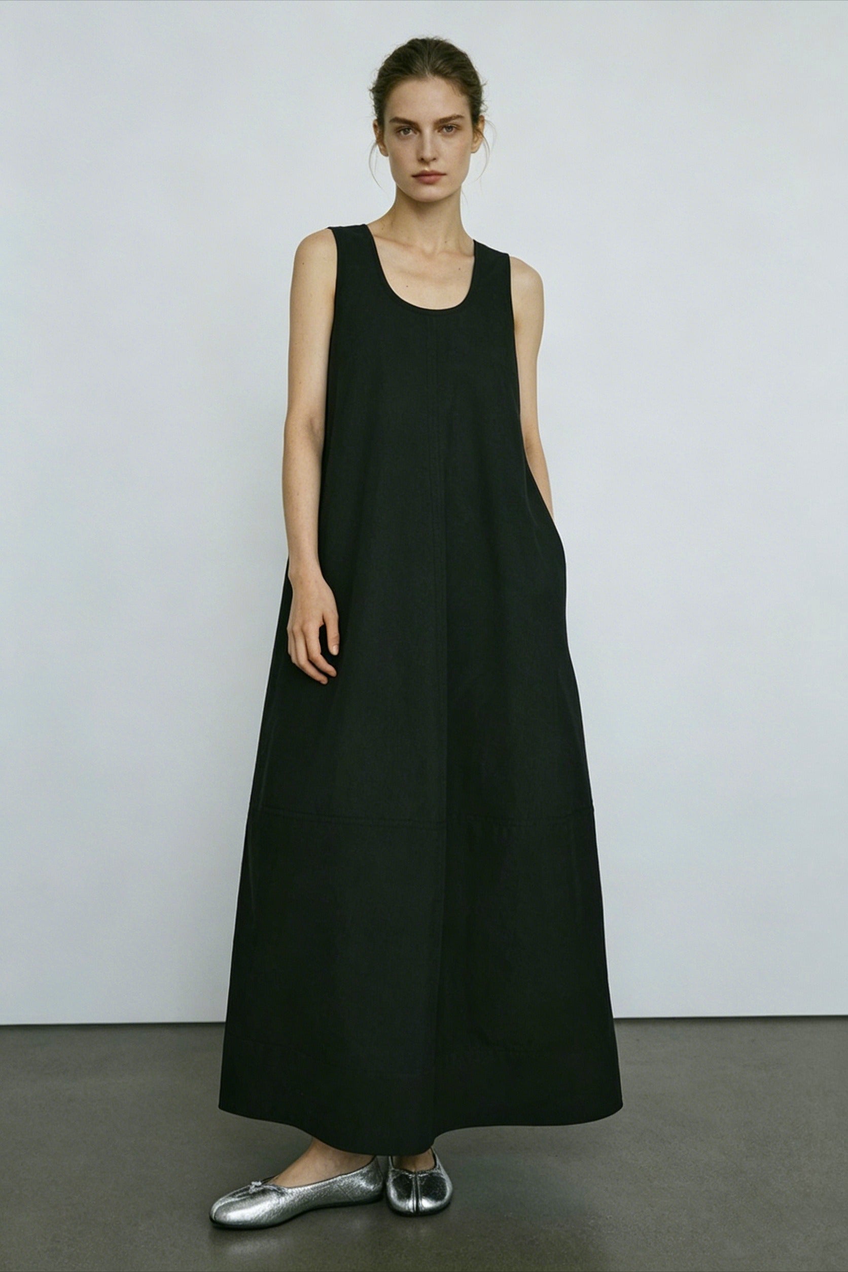 Cotton-nylon sleeveless maxi dress | 2 color