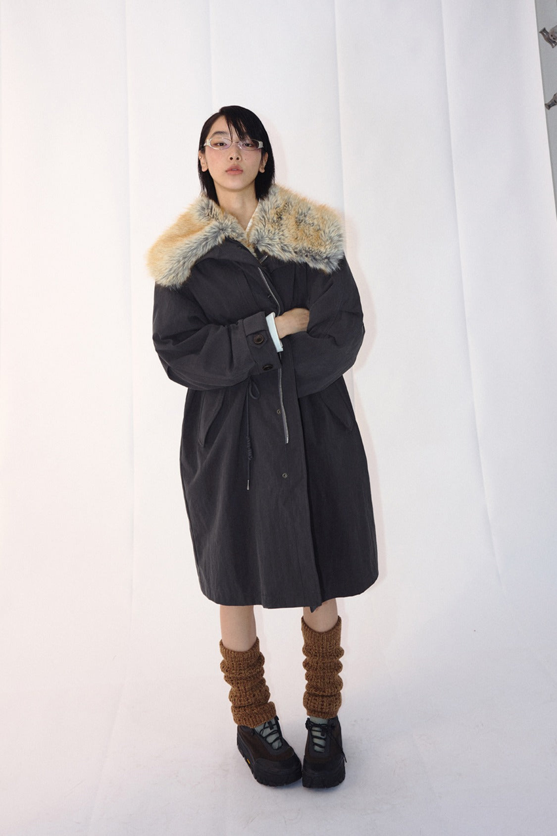 Cotton blend detachable faux fur collar padding parka coat | 2 color