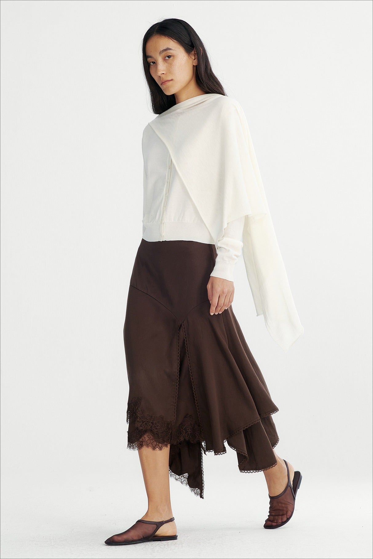 Lyocell irregular hem lace insets A-line skirt | 2 color