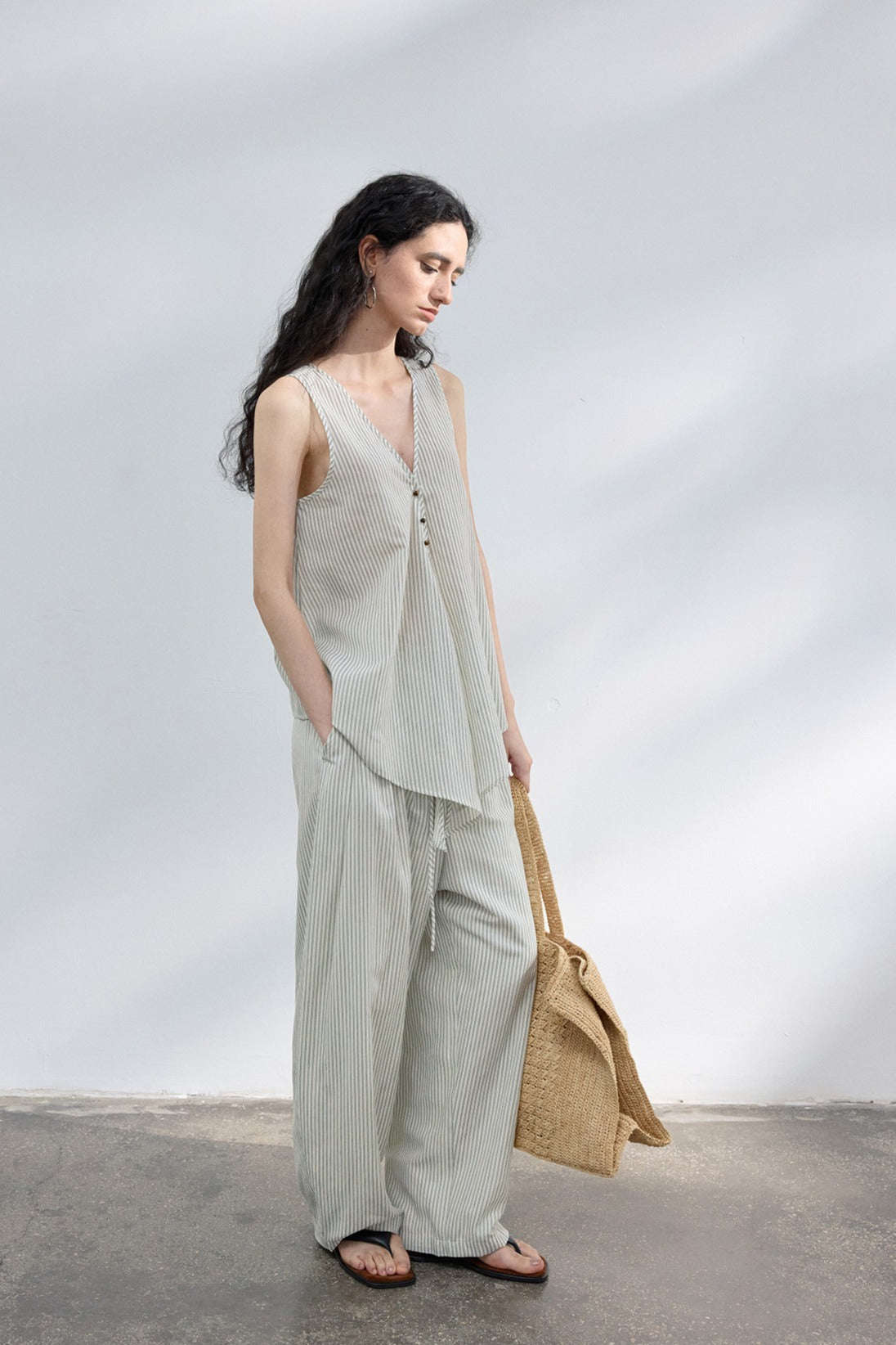 Lyocell blend loose fit stripped pants | 2 color