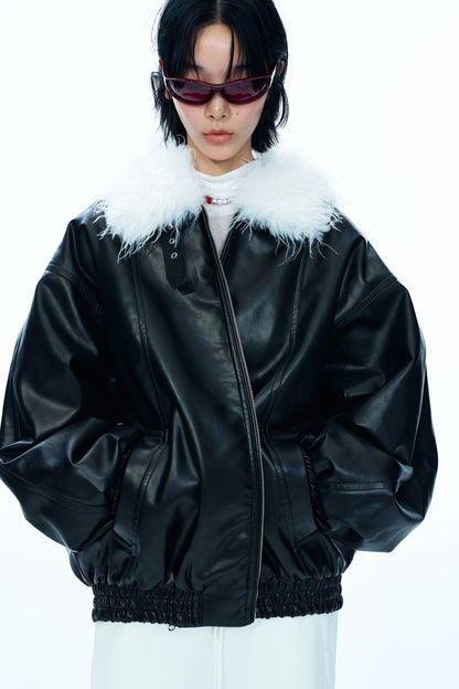 Relaxed-fit cozy collar trendy PU jacket | 2 color