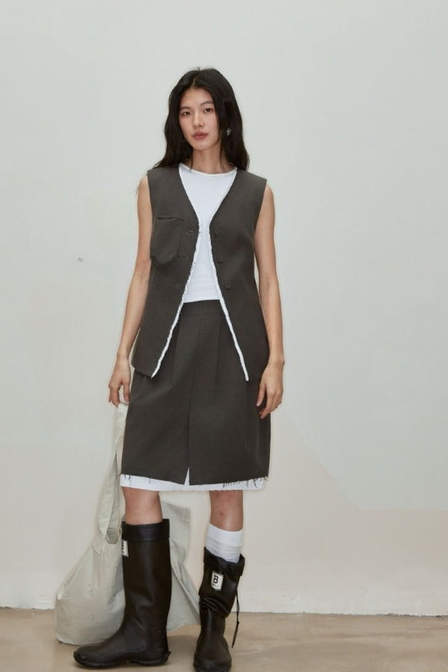 Lyocell-cotton raw-edge faux-layer vest | 2 color