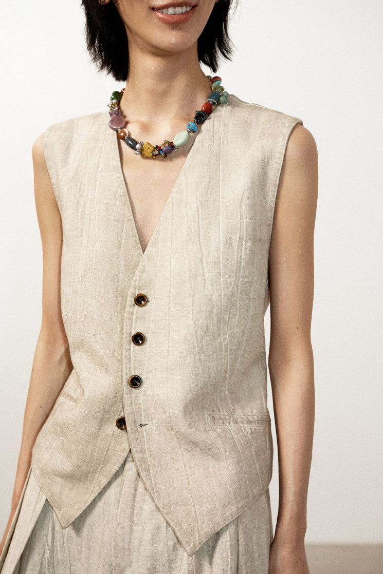 Cotton blend linen texture V-neck vest | 4 color