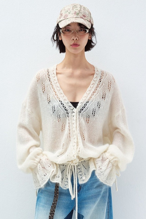 Wool blend floral hem jacquard cardigan | 3 color