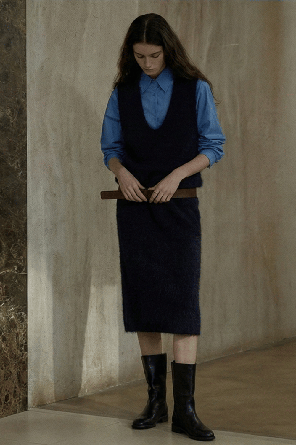 Alpaca wool blend V-neck plush vest dress | 3 color