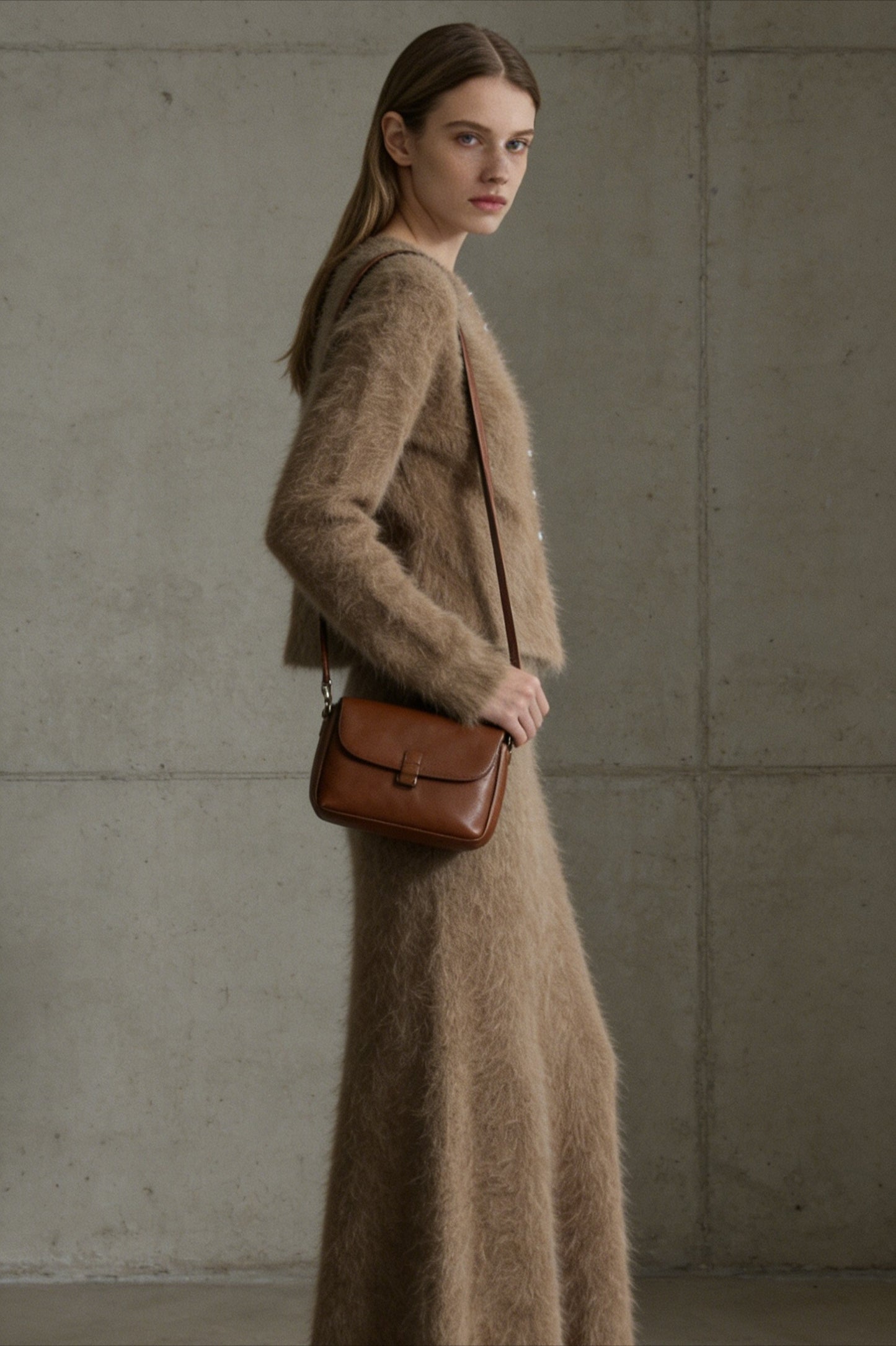 Otter-fleece blend waisted plush cardigan+skirt | bubble tea