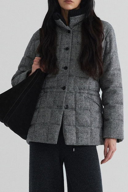 Wool blend fabric with duck down quilted down jacket | 2 color