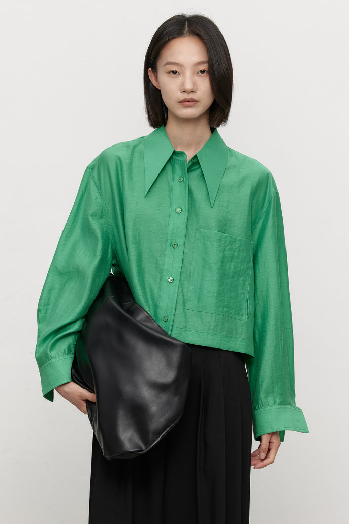 Long pointed collar transparent tencel shirt | 10 color