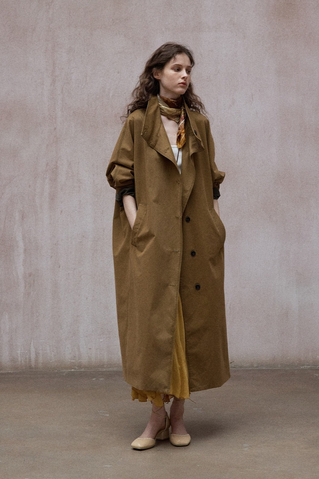 Cotton relaxed-fit batwing sleeves trench coat | 2 color