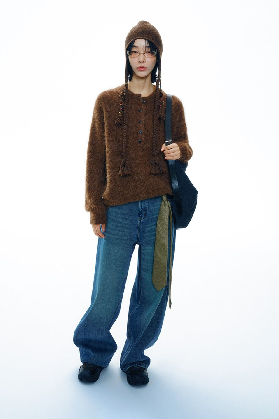 Cotton denim vintage-washed fleece-lined jeans | 2 color