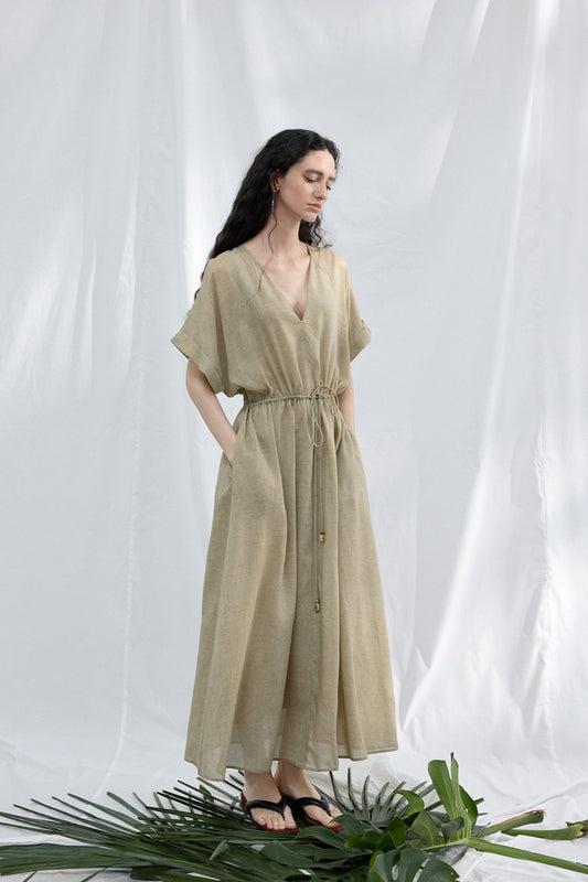 Lyocell waisted V-neck maxi dress | 3 color