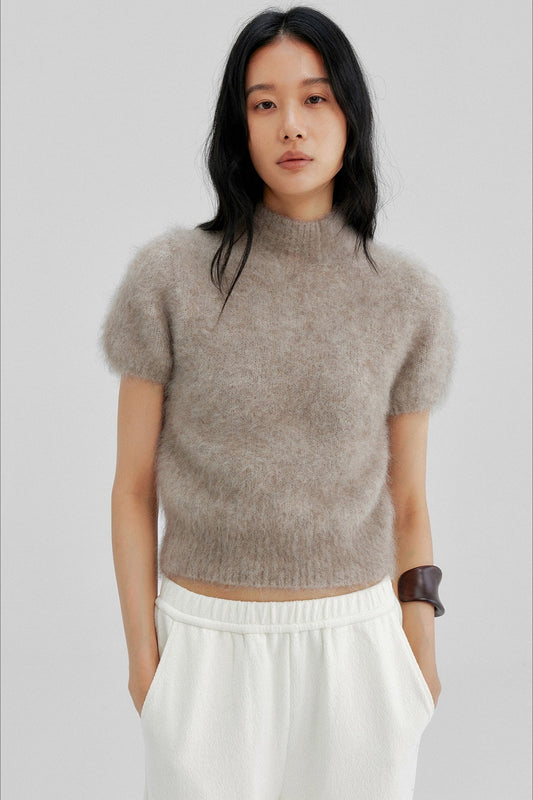 Cashmere-alpaca blend soft puffy short-sleeve sweater