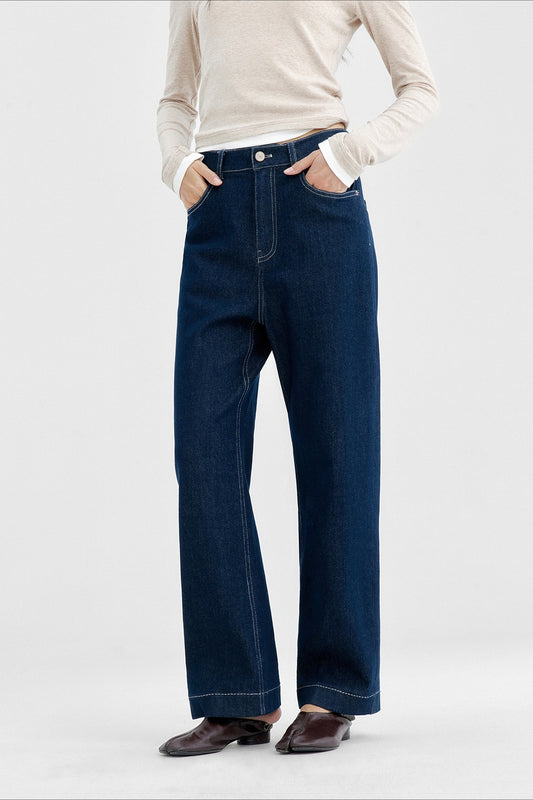 Cotton blend contrasting stitching straight leg jeans