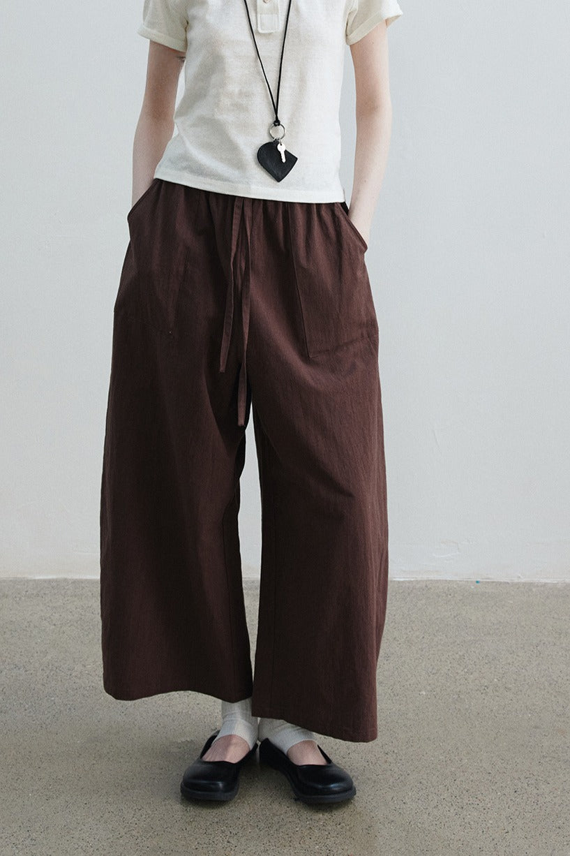 Cotton blend linen sickle shape wide-leg 8/9 pants | 4 color