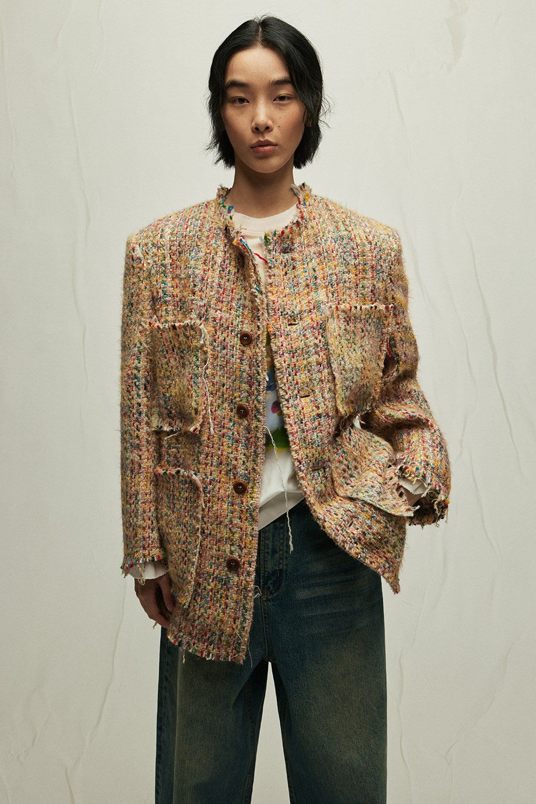 Wool blend textured fringed tweed jacket | 2 color