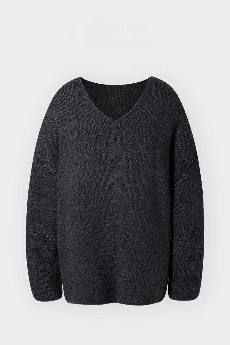 Cotton blend wool loose fit V-neck sweater | 4 color