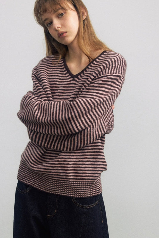Wool blend contrasting stripes V-neck sweater | 4 color