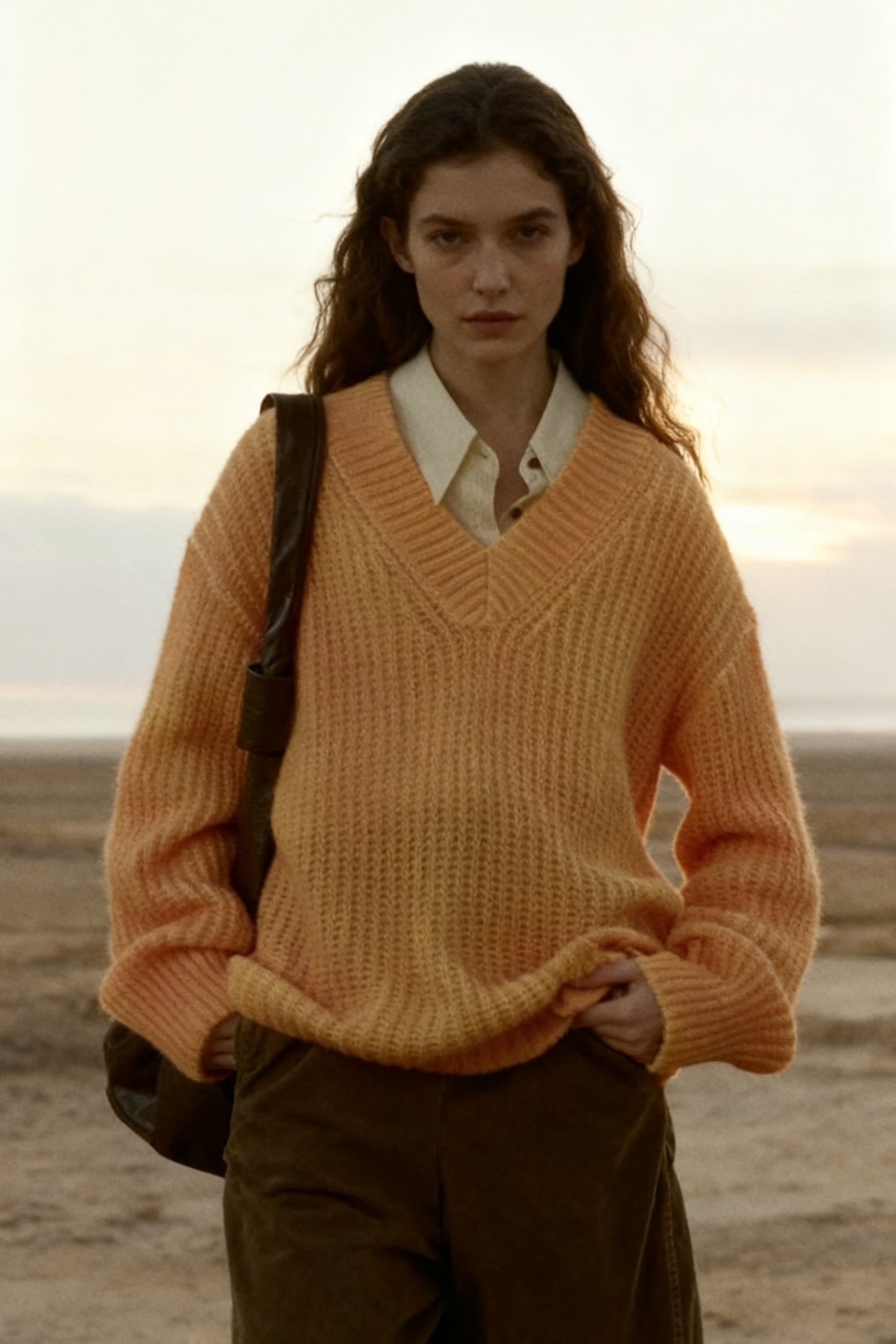 Chunky knit loose-fit V-neck drape sweater | 4 color