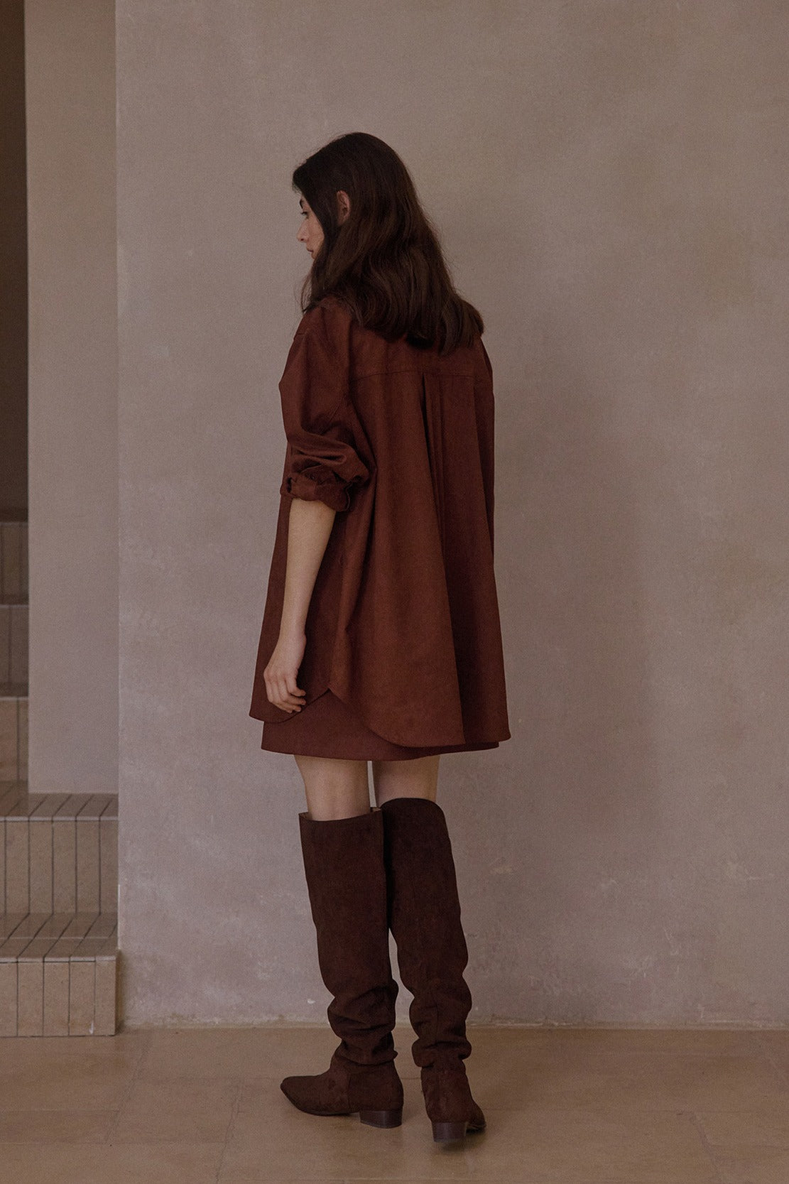 Elastic mid-length suede feel drawstring waist shirt-jacket | 3 color